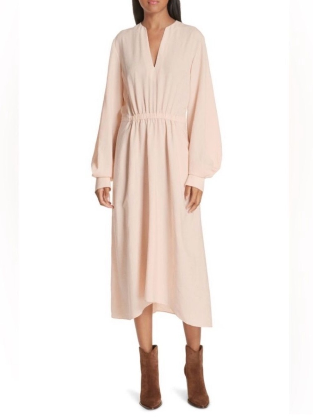 VINCE Sandalwood Beige Crinkle Poet Sleeve Split Neck Asymmetrical Midi Dress